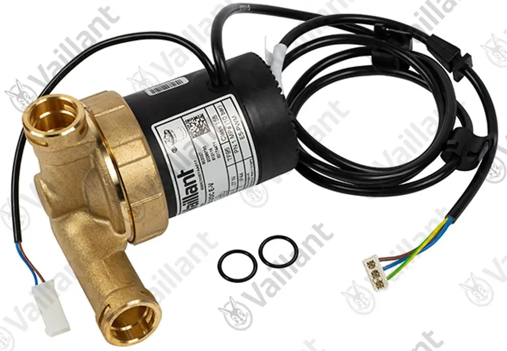 Vaillant Pumpe mit zwei Anschlussöffnungen, einem elektrischen Kabel und zwei O-Ringen. Das Gerät ist schwarz mit einem goldenen Gehäuseteil.